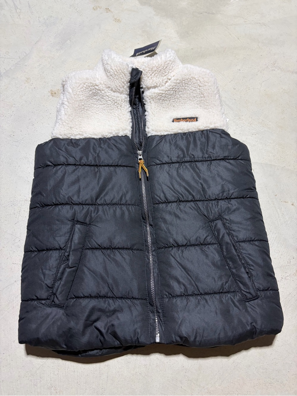 Timberland NWT Kids' Black Puffer Vest with Cream Sherpa Collar 7